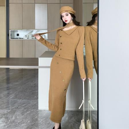 FA46616# 美拉德咖色小香风针织套装女秋冬新款高级感毛衣半身裙气质两件套