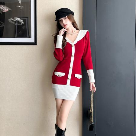 FA46617# 小香风海军领针织连衣裙女复古名媛气质撞色V领修身长袖打底裙冬