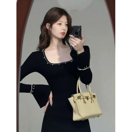 FA46619# 早秋温柔富家千金穿搭重要场合轻奢高级感巨好看小香风黑色连衣裙