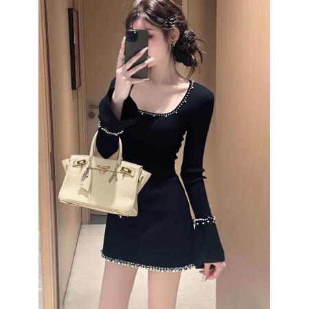 FA46619# 早秋温柔富家千金穿搭重要场合轻奢高级感巨好看小香风黑色连衣裙