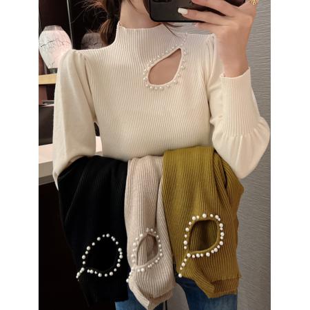 FA46620# 新款泡泡袖针织打底衫女秋冬季内搭性感镂空钉珠半高领毛衣