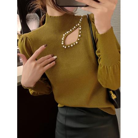 FA46620# 新款泡泡袖针织打底衫女秋冬季内搭性感镂空钉珠半高领毛衣