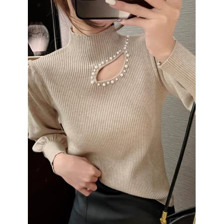 FA46620# 新款泡泡袖针织打底衫女秋冬季内搭性感镂空钉珠半高领毛衣