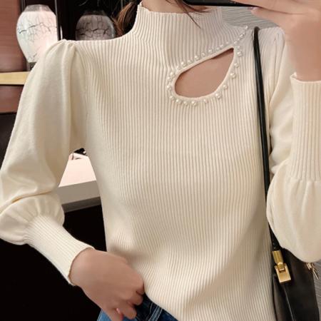 FA46620# 新款泡泡袖针织打底衫女秋冬季内搭性感镂空钉珠半高领毛衣