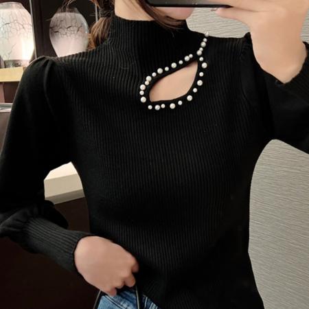 FA46620# 新款泡泡袖针织打底衫女秋冬季内搭性感镂空钉珠半高领毛衣