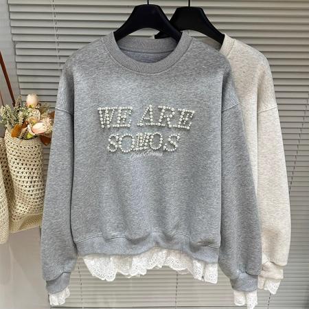 FA46623# 原版质量早春新款宽松韩系花边拼接假两件重工钉珠圆领卫衣女