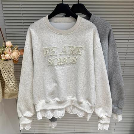 FA46623# 原版质量早春新款宽松韩系花边拼接假两件重工钉珠圆领卫衣女