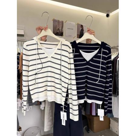 FA46625# 原版质量秋冬新款韩版假两件套条纹拼接长袖体恤针织衫上衣女