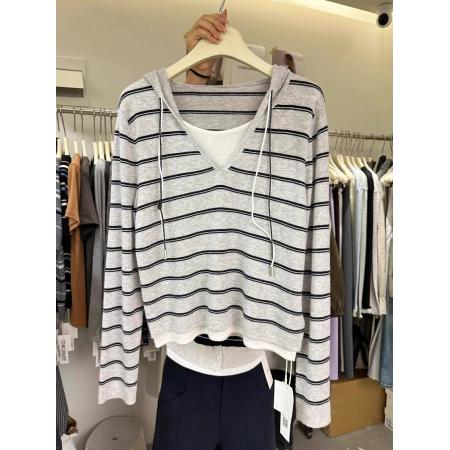 FA46625# 原版质量秋冬新款韩版假两件套条纹拼接长袖体恤针织衫上衣女