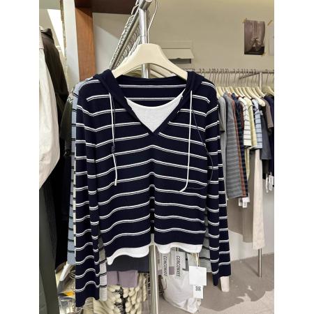 FA46625# 原版质量秋冬新款韩版假两件套条纹拼接长袖体恤针织衫上衣女