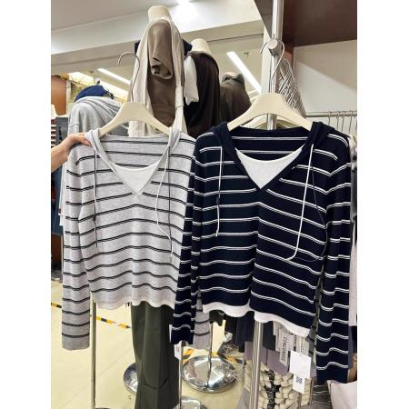 FA46625# 原版质量秋冬新款韩版假两件套条纹拼接长袖体恤针织衫上衣女