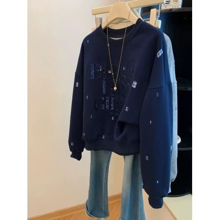 FA46626# 特大码300斤韩版百搭重工刺绣亮片字母卫衣春秋休闲宽松长袖上衣