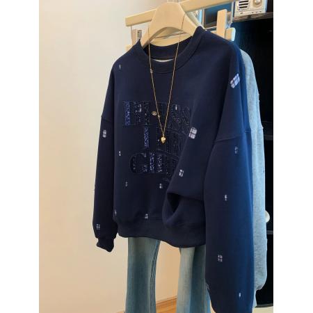 FA46626# 特大码300斤韩版百搭重工刺绣亮片字母卫衣春秋休闲宽松长袖上衣