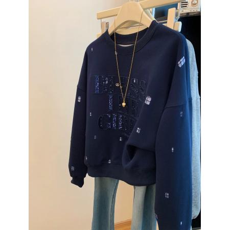 FA46626# 特大码300斤韩版百搭重工刺绣亮片字母卫衣春秋休闲宽松长袖上衣