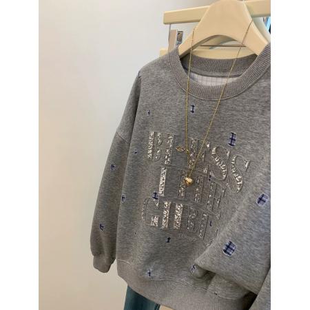 FA46626# 特大码300斤韩版百搭重工刺绣亮片字母卫衣春秋休闲宽松长袖上衣