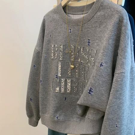 FA46626# 特大码300斤韩版百搭重工刺绣亮片字母卫衣春秋休闲宽松长袖上衣