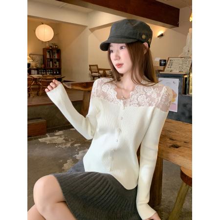 FA46627# 纯欲蕾丝拼接长袖针织衫女秋冬新款修身内搭独特别致绝美打底上衣