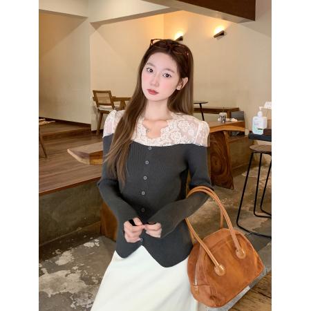 FA46627# 纯欲蕾丝拼接长袖针织衫女秋冬新款修身内搭独特别致绝美打底上衣