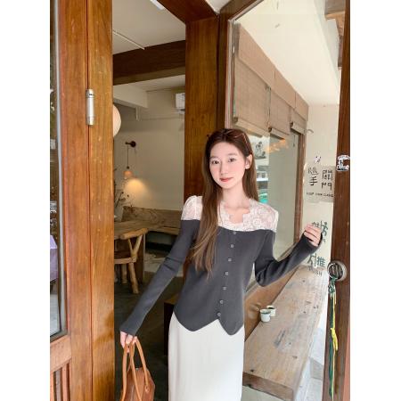 FA46627# 纯欲蕾丝拼接长袖针织衫女秋冬新款修身内搭独特别致绝美打底上衣