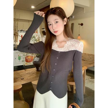 FA46627# 纯欲蕾丝拼接长袖针织衫女秋冬新款修身内搭独特别致绝美打底上衣
