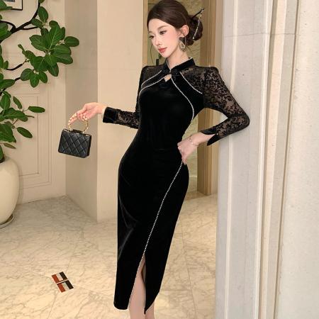 FA46628# 秋季新款旗袍女人味修身钉珠蕾丝丝绒连衣裙聚会礼服