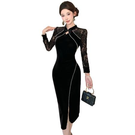 FA46628# 秋季新款旗袍女人味修身钉珠蕾丝丝绒连衣裙聚会礼服