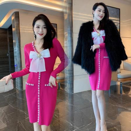 FA46629# 韩国气质钉珠蝴蝶结长袖针织毛衣针织连衣裙秋冬小香风内搭打底裙