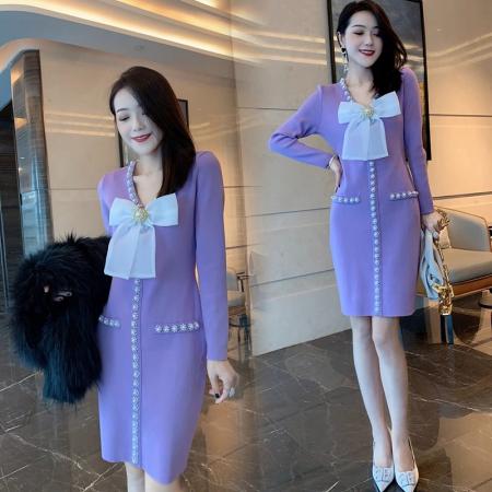 FA46629# 韩国气质钉珠蝴蝶结长袖针织毛衣针织连衣裙秋冬小香风内搭打底裙