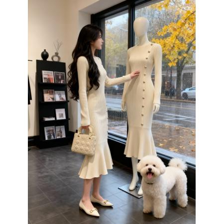 FA46631# 配大衣内搭打底鱼尾针织连衣裙女秋冬新款高级感加厚毛衣长裙