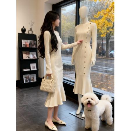 FA46631# 配大衣内搭打底鱼尾针织连衣裙女秋冬新款高级感加厚毛衣长裙