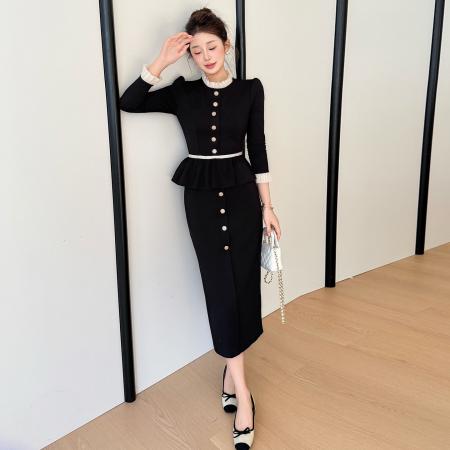 FA46634# 秋冬名媛风拼接荷叶边假两件显瘦胸花赫本风大码连衣裙