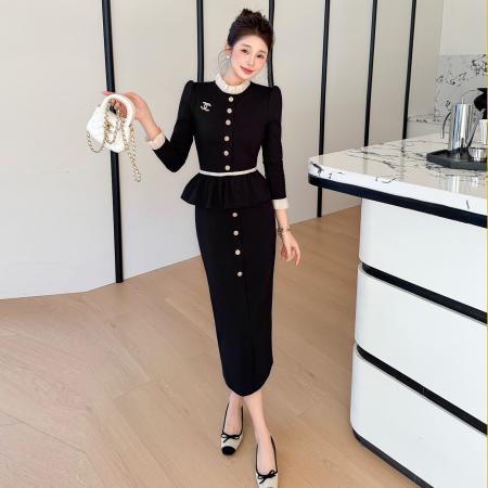 FA46634# 秋冬名媛风拼接荷叶边假两件显瘦胸花赫本风大码连衣裙