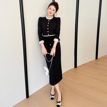 FA46634# 秋冬名媛风拼接荷叶边假两件显瘦胸花赫本风大码连衣裙