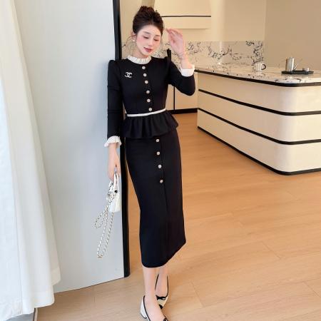 FA46634# 秋冬名媛风拼接荷叶边假两件显瘦胸花赫本风大码连衣裙