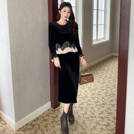 FA46635# 秋冬蕾丝拼接不规则下摆假两件名媛风轻奢丝绒大码连衣裙