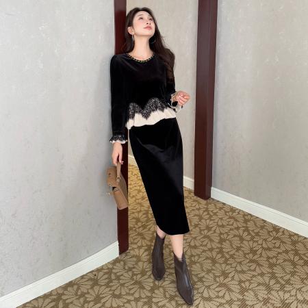 FA46635# 秋冬蕾丝拼接不规则下摆假两件名媛风轻奢丝绒大码连衣裙