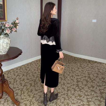 FA46635# 秋冬蕾丝拼接不规则下摆假两件名媛风轻奢丝绒大码连衣裙