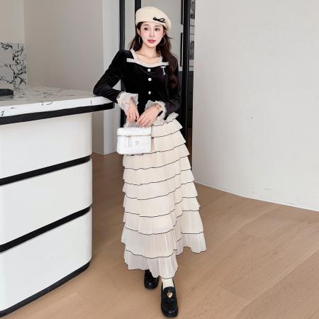 FA46636# 秋冬固色金丝绒法式复古甜美拼接胸针上衣蛋糕裙两件套