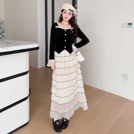 FA46636# 秋冬固色金丝绒法式复古甜美拼接胸针上衣蛋糕裙两件套