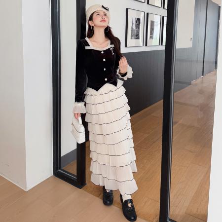 FA46636# 秋冬固色金丝绒法式复古甜美拼接胸针上衣蛋糕裙两件套