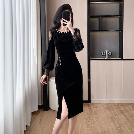 FA46638# 秋冬新款时尚蕾丝拼接珍珠手工轻奢设计感开叉连衣裙