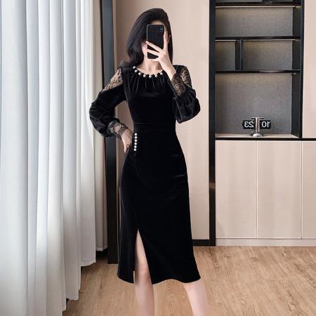 FA46638# 秋冬新款时尚蕾丝拼接珍珠手工轻奢设计感开叉连衣裙