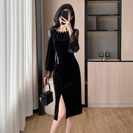 FA46638# 秋冬新款时尚蕾丝拼接珍珠手工轻奢设计感开叉连衣裙