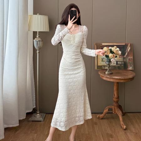 FA46639# 秋冬优雅蕾丝网纱拼接法式气质温柔风鱼尾连衣裙