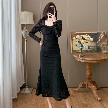 FA46639# 秋冬优雅蕾丝网纱拼接法式气质温柔风鱼尾连衣裙