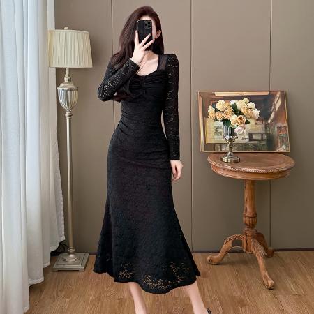 FA46639# 秋冬优雅蕾丝网纱拼接法式气质温柔风鱼尾连衣裙