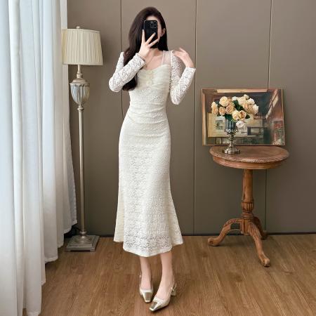 FA46639# 秋冬优雅蕾丝网纱拼接法式气质温柔风鱼尾连衣裙