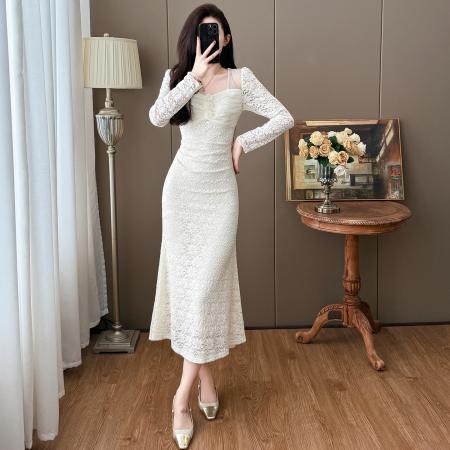 FA46639# 秋冬优雅蕾丝网纱拼接法式气质温柔风鱼尾连衣裙