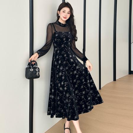 FA46640# 秋冬烫金吊带丝绒拼接网纱复古气质大码连衣裙两件套