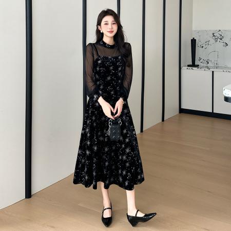 FA46640# 秋冬烫金吊带丝绒拼接网纱复古气质大码连衣裙两件套